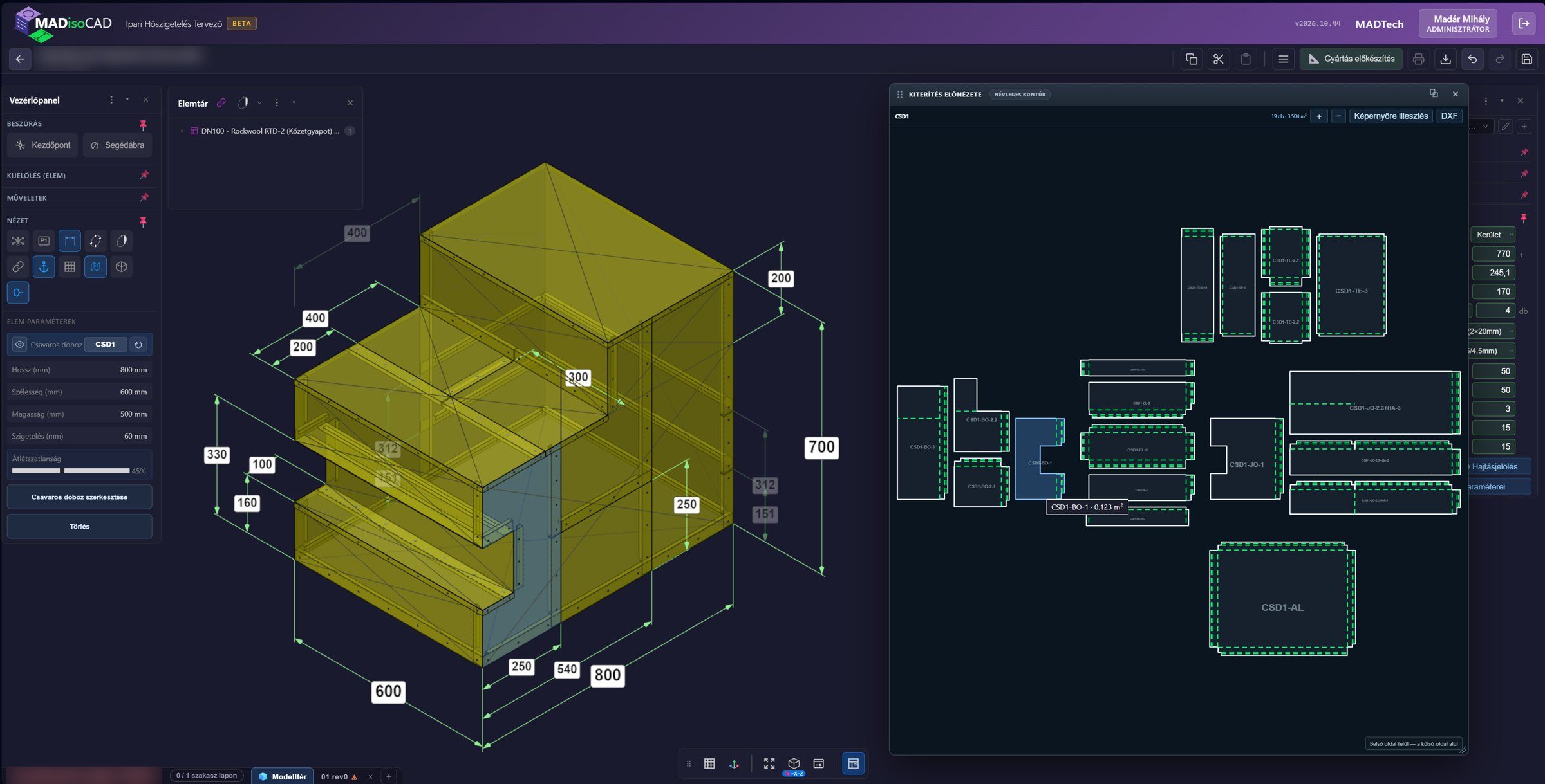 Stepped bolted box in 3D with dimensions, next to it all 19 unfolded sheet parts with identifiers