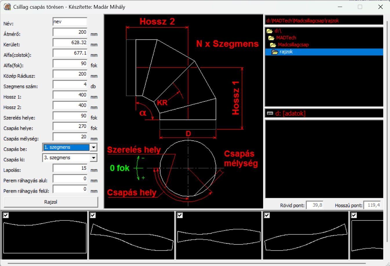The 2005 thesis program: a star flattening on a mitre, with parameters, construction drawing and the unfolded segments