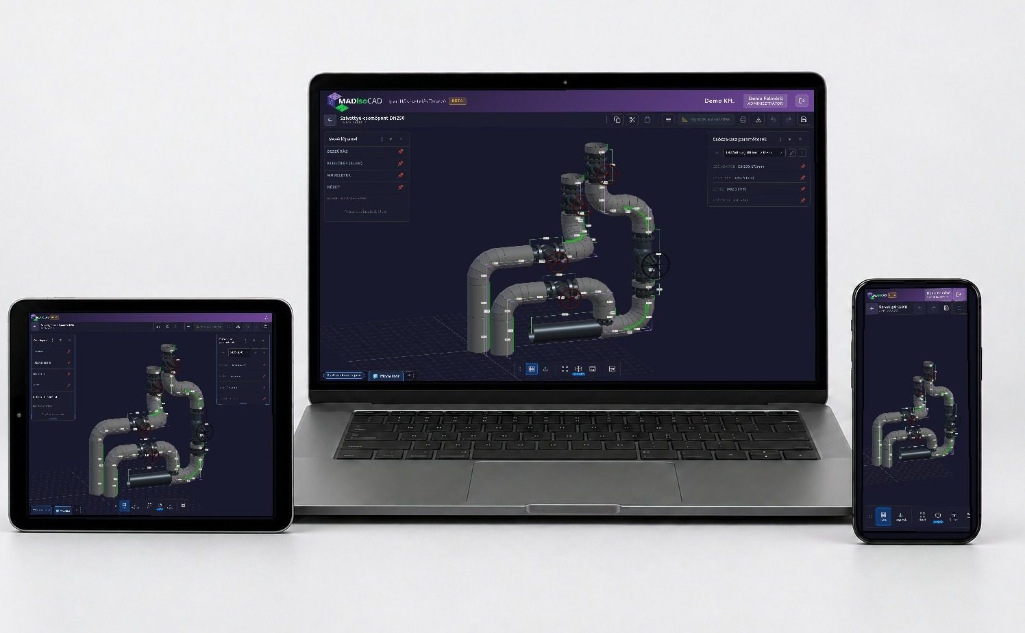 A laptop, a tablet and a phone side by side, all showing the same pipework drawing in MADisoCAD, each in its own layout