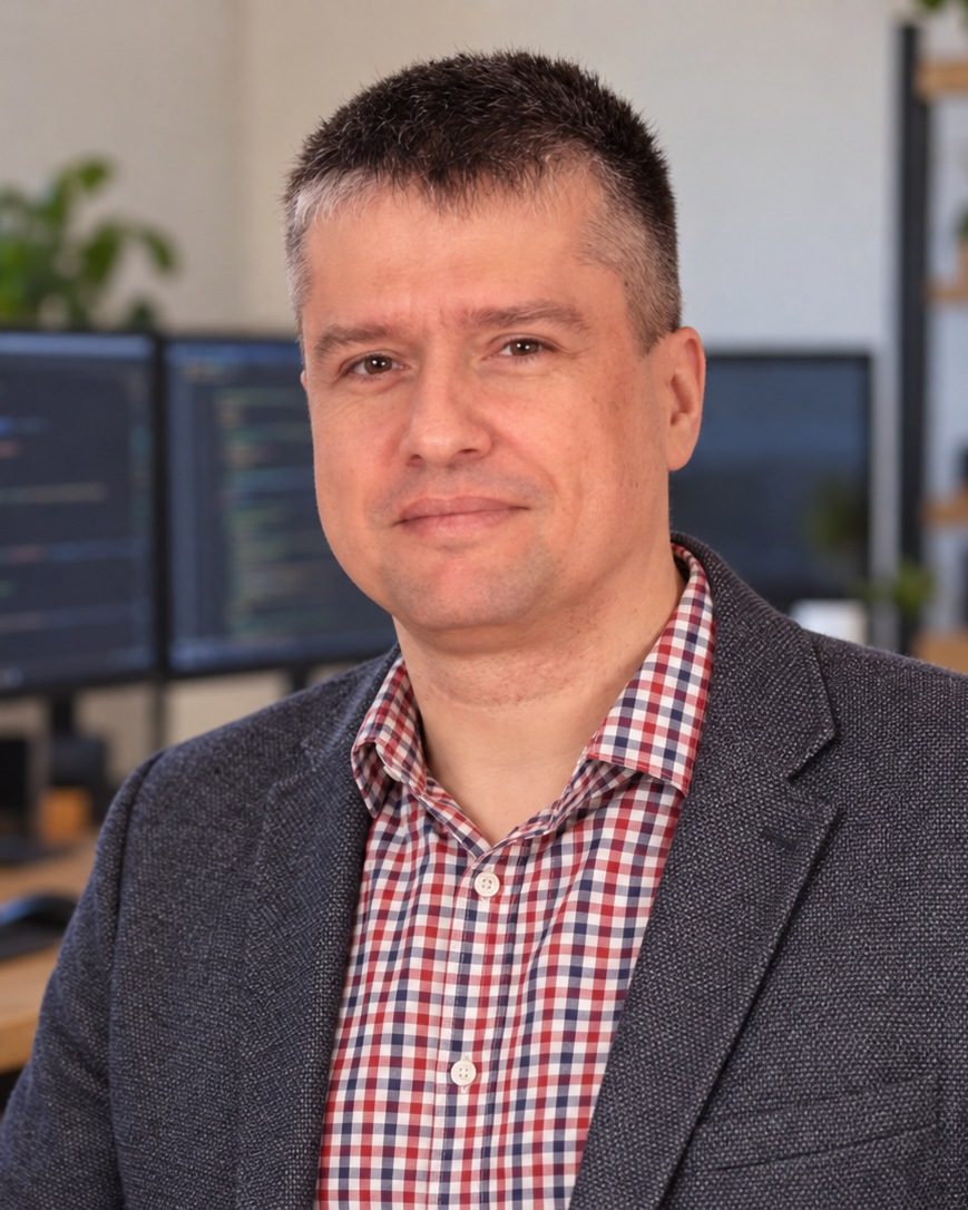 Zoltán Antali in his office, monitors with an ERP application and a code editor behind him