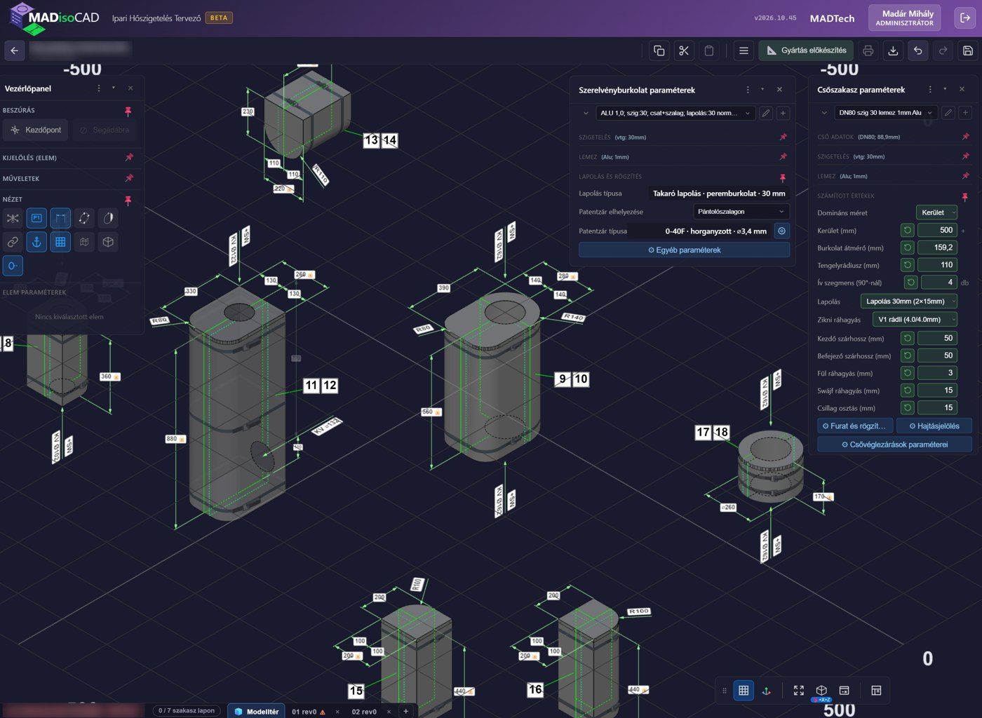 Surveyed fitting covers in the 3D editor with dimensions and position numbers, next to the cover and pipe-section parameters