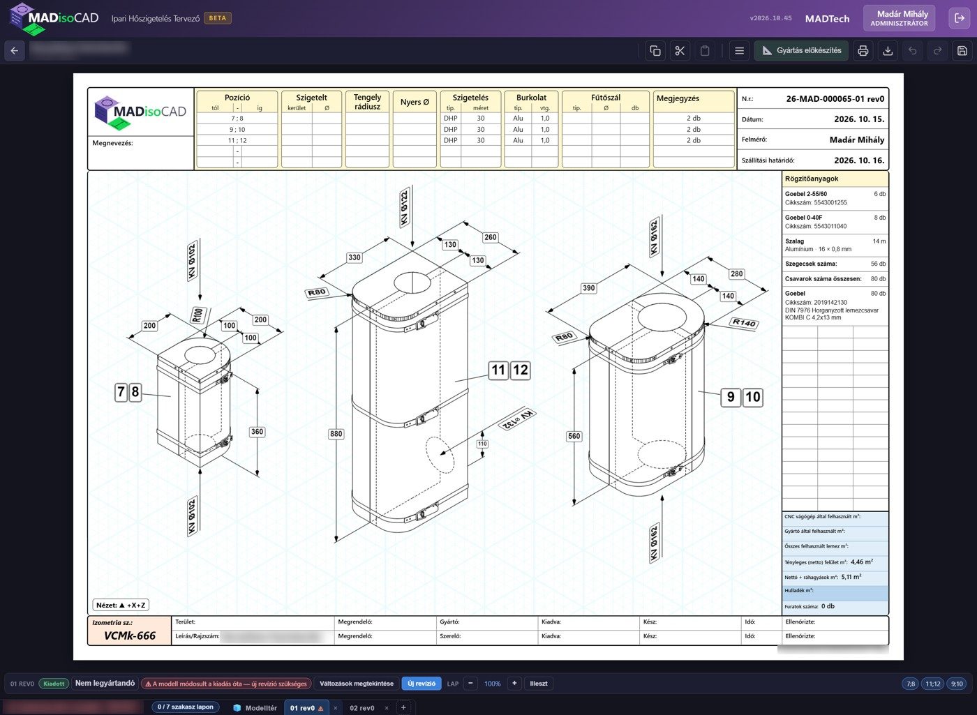 Isometric sheet with three insulated cladding boxes, dimensions, position numbers, fastener list and area calculation