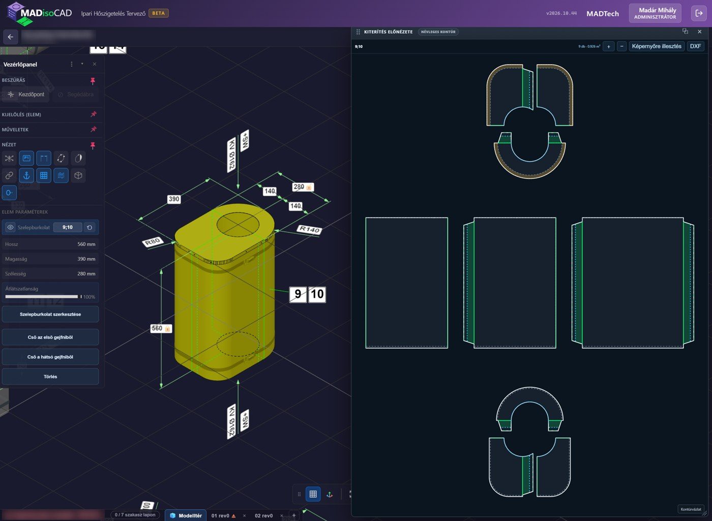 Valve cover in 3D next to the flat-pattern preview of all 9 parts, with the allowances highlighted