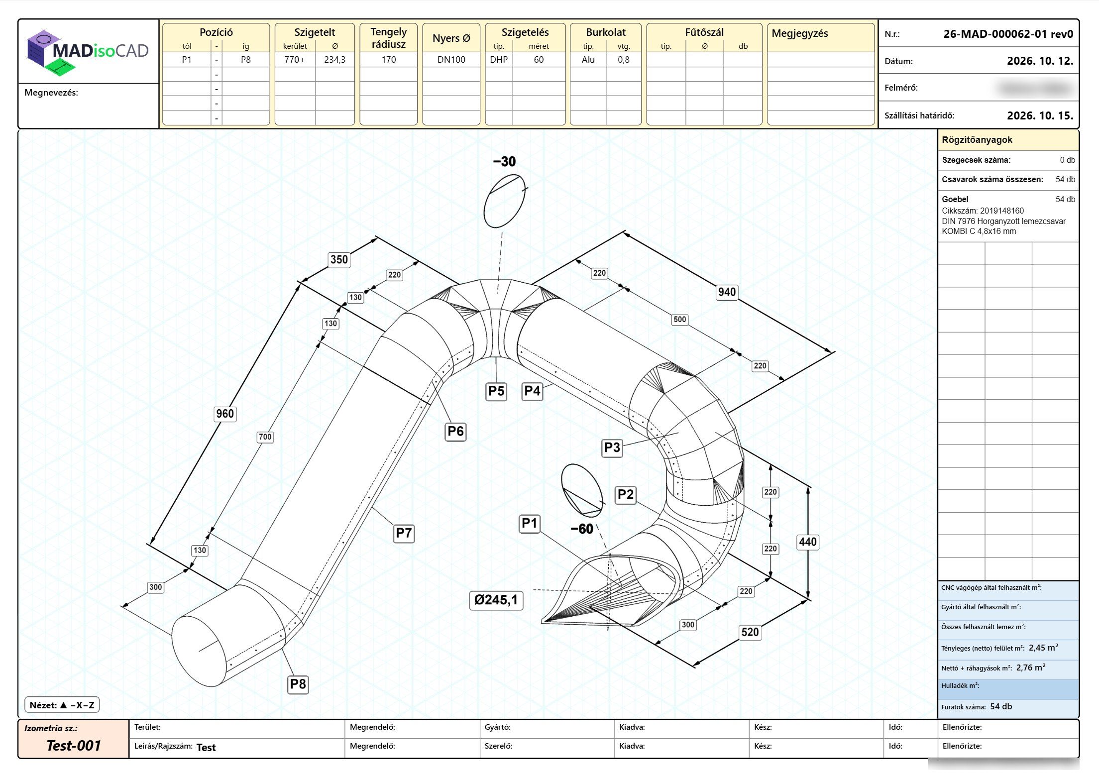 A4 production drawing sheet created by the software: isometric with item numbers and dimensions, insulation and cladding data in the title block, fastener totals and area calculation on the right