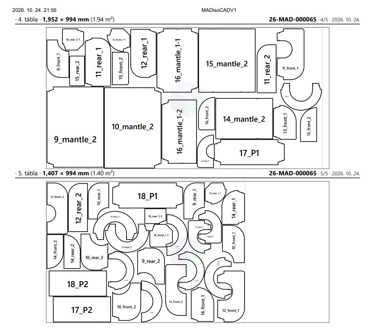 Printed sheets with the drawing number: parts with IDs, sheet size and area
